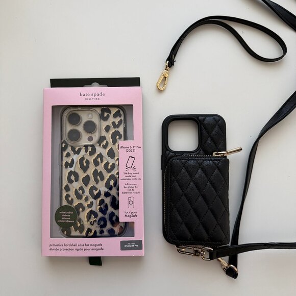 Kate Spade Case Apple iPhone 14 Pro Leopard Print Crossbody Faux Quilted Leather - Picture 1 of 16